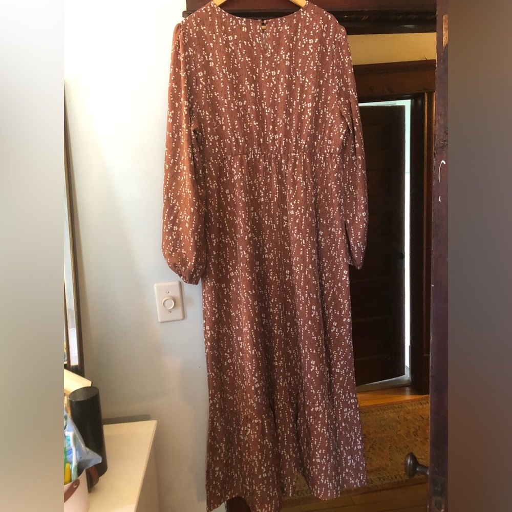 Rust Brown Printed Long Sleeve Maxi Dress
